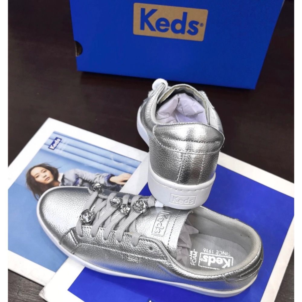 零碼特價Keds 水鑽銀/白色真皮 休閒鞋 厚底鞋運動鞋 小白鞋 婚鞋-細節圖3