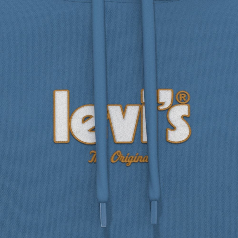 Levis 男款 口袋帽T 精工刺繡徽章海報體Logo 海洋藍 38479-0158🔥-細節圖2