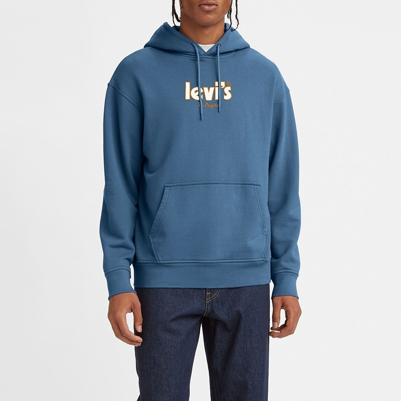 Levis 男款 口袋帽T 精工刺繡徽章海報體Logo 海洋藍 38479-0158🔥-細節圖6