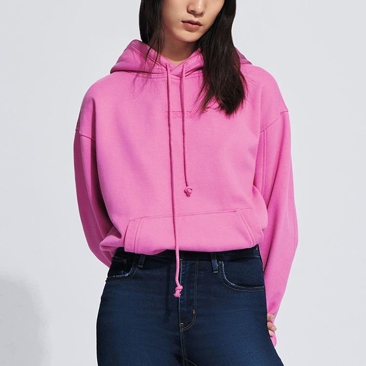 Levis 女款 口袋帽T 全一色刺繡Logo 內刷毛 桃紫 74318-0032🔥-細節圖4