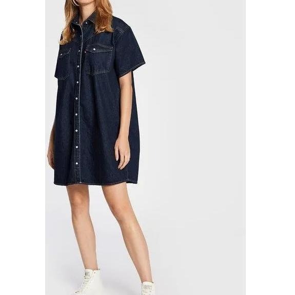 Levis 女款 牛仔洋裝 原色深藍 質感珍珠釦 A3344-0000-細節圖7