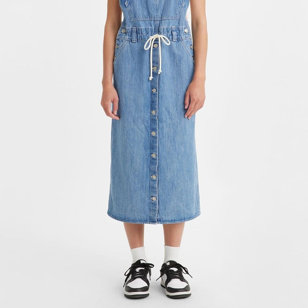 Levis 女款 高腰全排釦吊帶牛仔長裙 精工輕藍染水洗 A4598-0001🔥-細節圖5