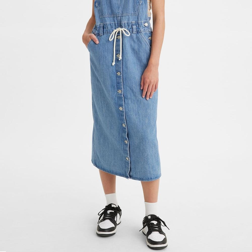 Levis 女款 高腰全排釦吊帶牛仔長裙 精工輕藍染水洗 A4598-0001🔥-細節圖6