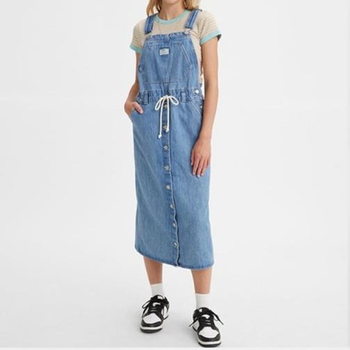 Levis 女款 高腰全排釦吊帶牛仔長裙 精工輕藍染水洗 A4598-0001🔥-細節圖8