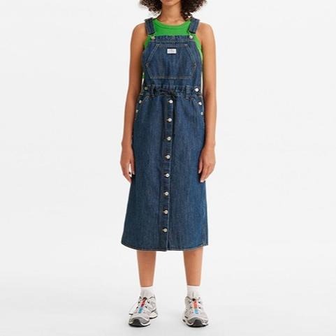 Levis 女款 高腰全排釦吊帶牛仔長裙 精工深藍染水洗 A4598-0000🔥-細節圖8