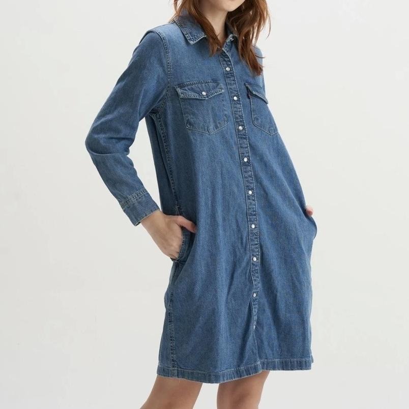 Levis 女款 牛仔洋裝 精工中藍染水洗 高質感珍珠釦 85793-0000-細節圖7